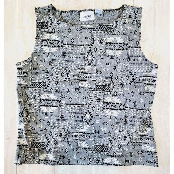 Chico's Travelers 2 Tank Top Medium‎ Black White Stretch Crop Indian Design USA - Picture 1 of 4